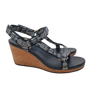 Teva Wedge Sandal Womens US 7.5 Black Universal Mosaic Strappy Cork Shoe